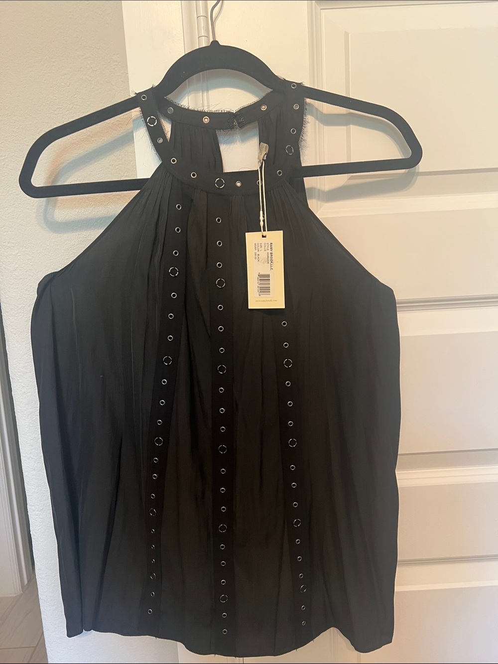 Ramy Brook Feminine Black Grommet Halter Blouse (NWT)